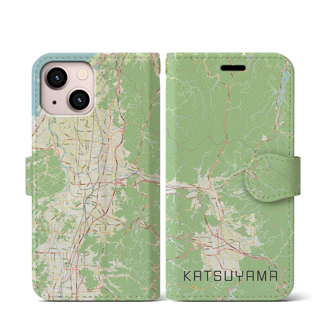 【勝山(福井県)】地図柄iPhoneケース(手帳タイプ)ナチュラル・iPhone 13 mini 用