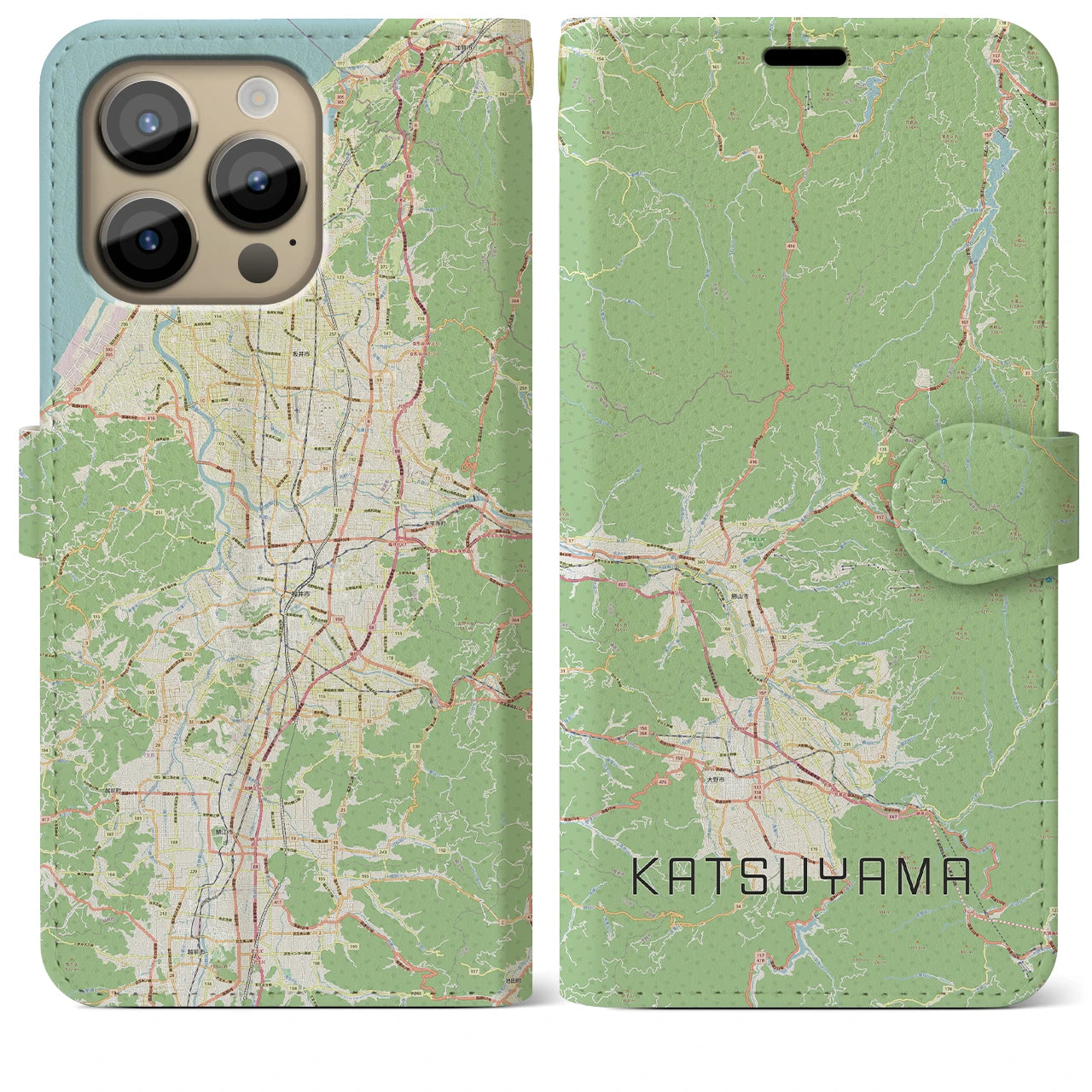 【勝山(福井県)】地図柄iPhoneケース(手帳タイプ)ナチュラル・iPhone 14 Pro Max 用