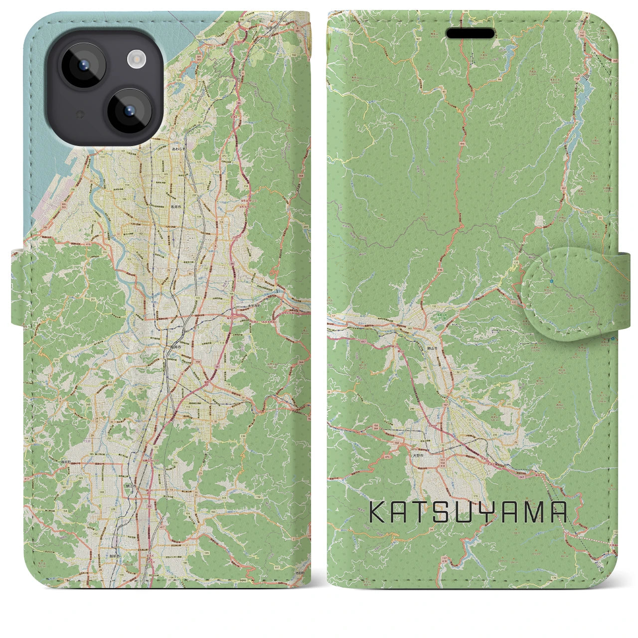 【勝山(福井県)】地図柄iPhoneケース(手帳タイプ)ナチュラル・iPhone 14 Plus 用