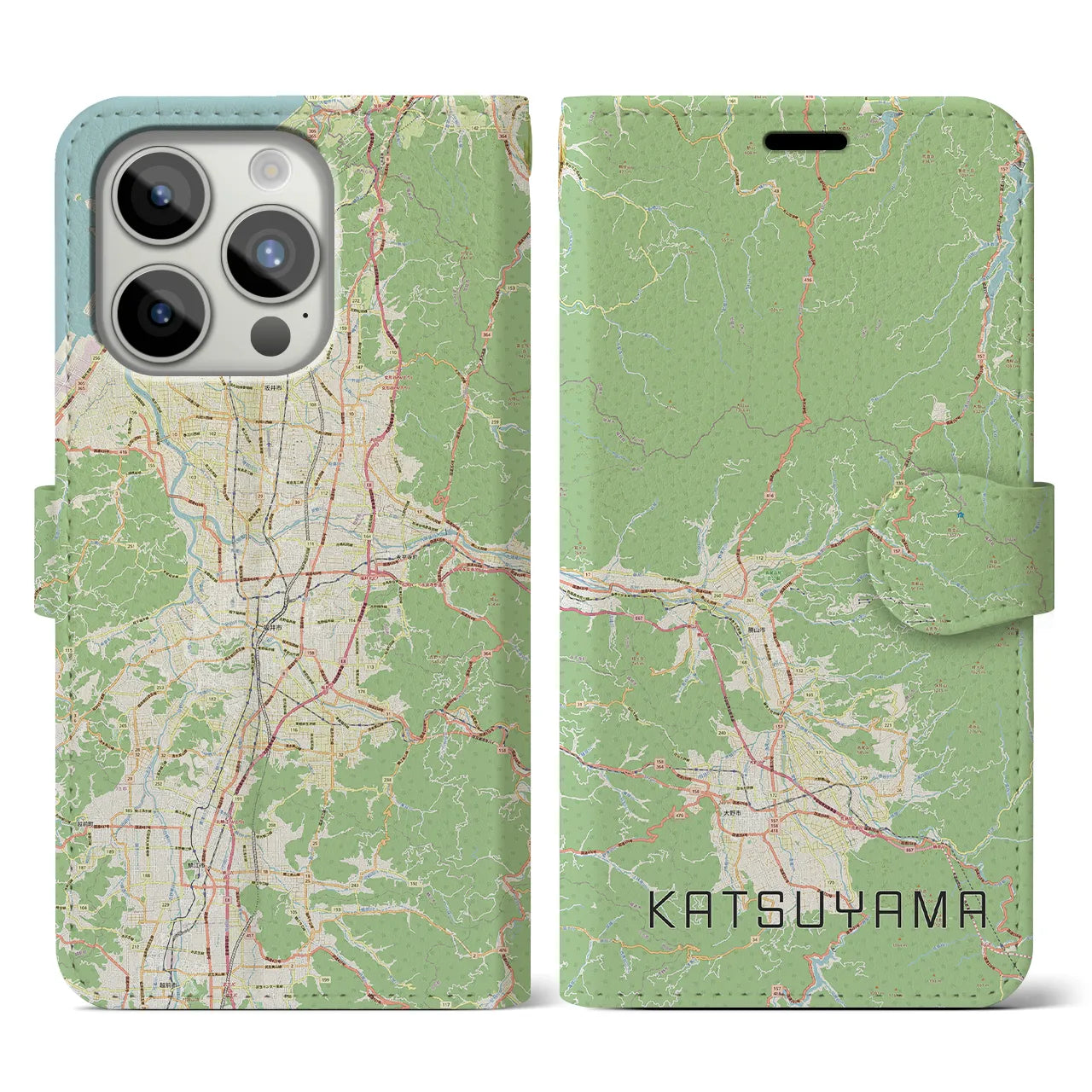 【勝山(福井県)】地図柄iPhoneケース(手帳タイプ)ナチュラル・iPhone 15 Pro 用