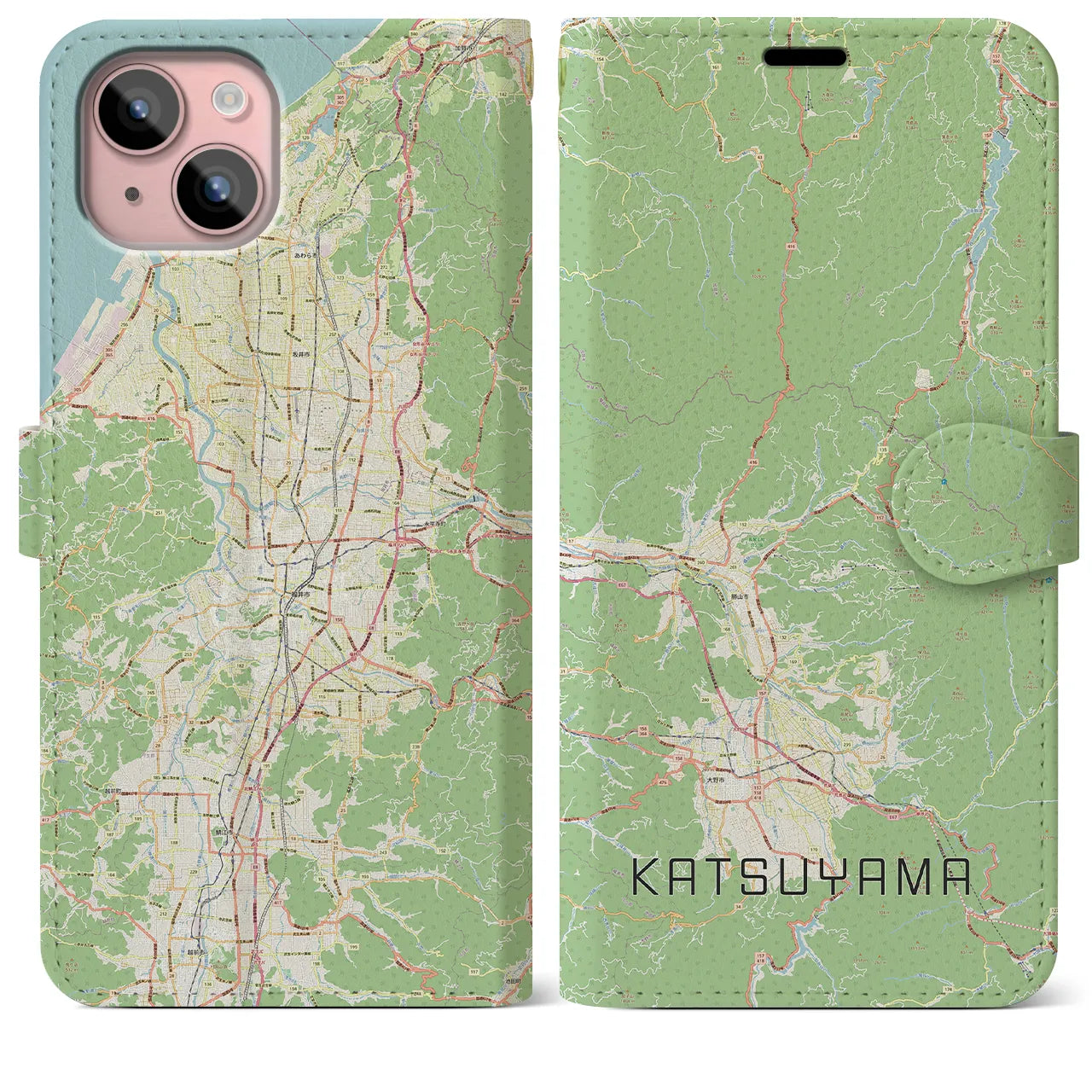 【勝山(福井県)】地図柄iPhoneケース(手帳タイプ)ナチュラル・iPhone 15 Plus 用