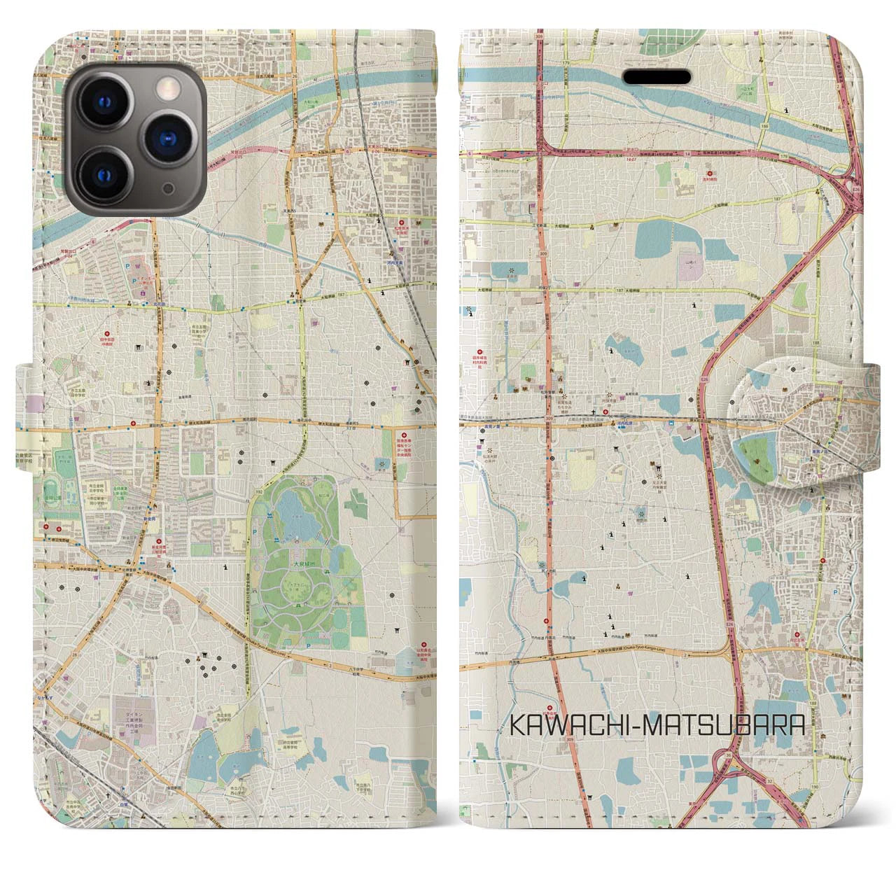 【河内松原(大阪府)】地図柄iPhoneケース(手帳タイプ)ナチュラル・iPhone 11 Pro Max 用