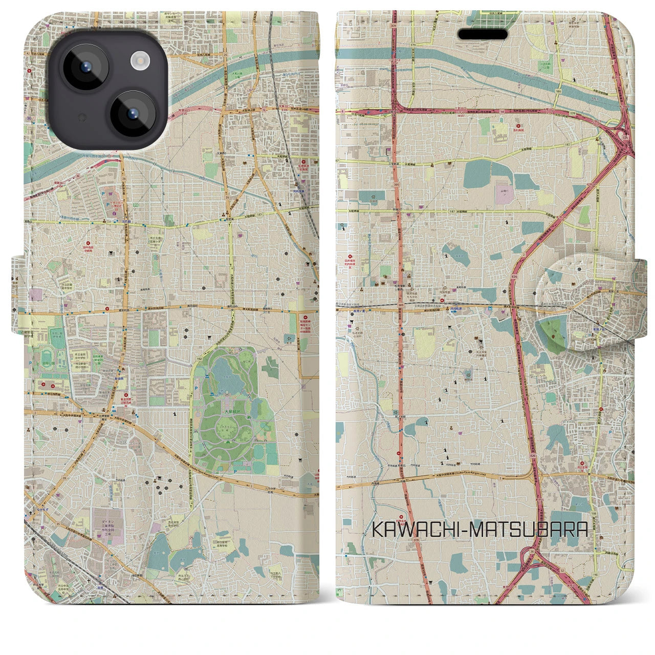 【河内松原(大阪府)】地図柄iPhoneケース(手帳タイプ)ナチュラル・iPhone 14 Plus 用