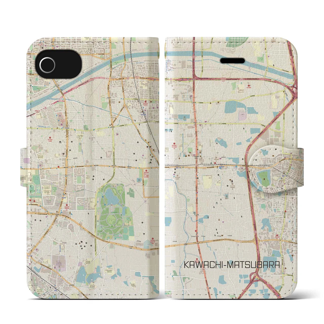 【河内松原(大阪府)】地図柄iPhoneケース(手帳タイプ)ナチュラル・iPhone SE(第3 / 第2世代) / 8 / 7 / 6s / 6 用