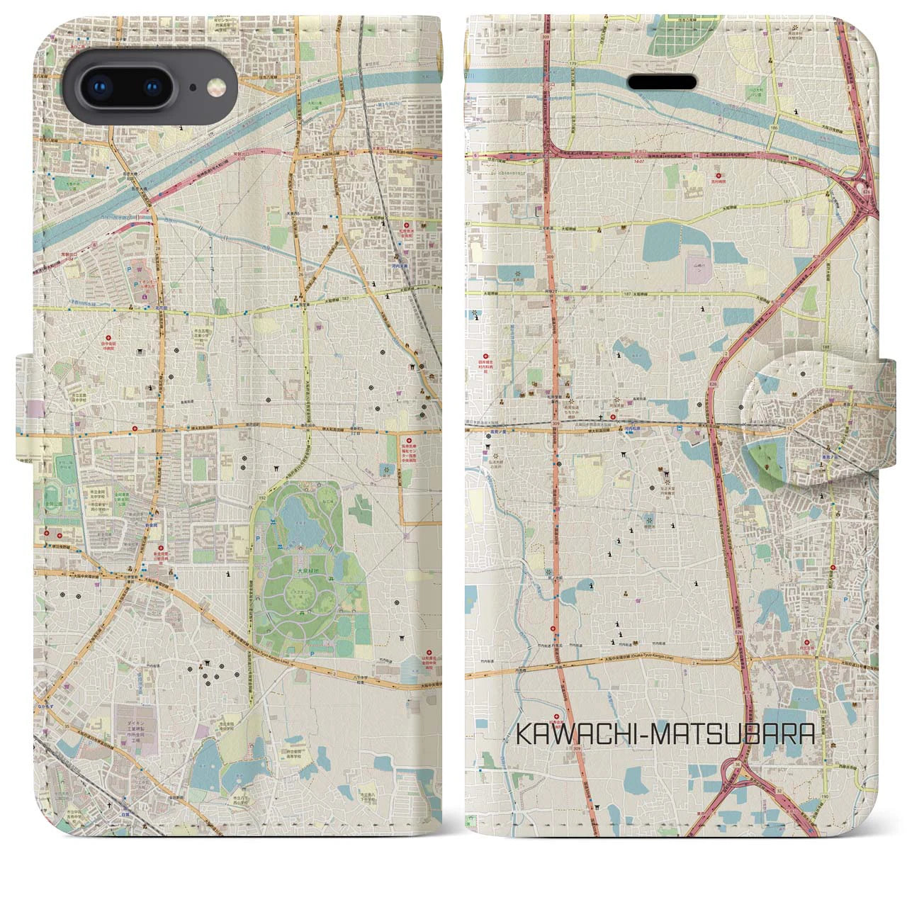 【河内松原(大阪府)】地図柄iPhoneケース(手帳タイプ)ナチュラル・iPhone 8Plus /7Plus / 6sPlus / 6Plus 用