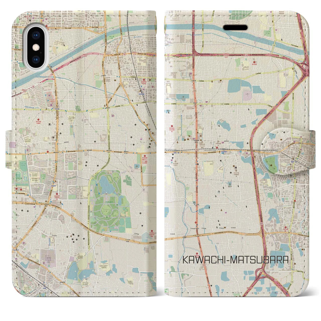 【河内松原(大阪府)】地図柄iPhoneケース(手帳タイプ)ナチュラル・iPhone XS Max 用