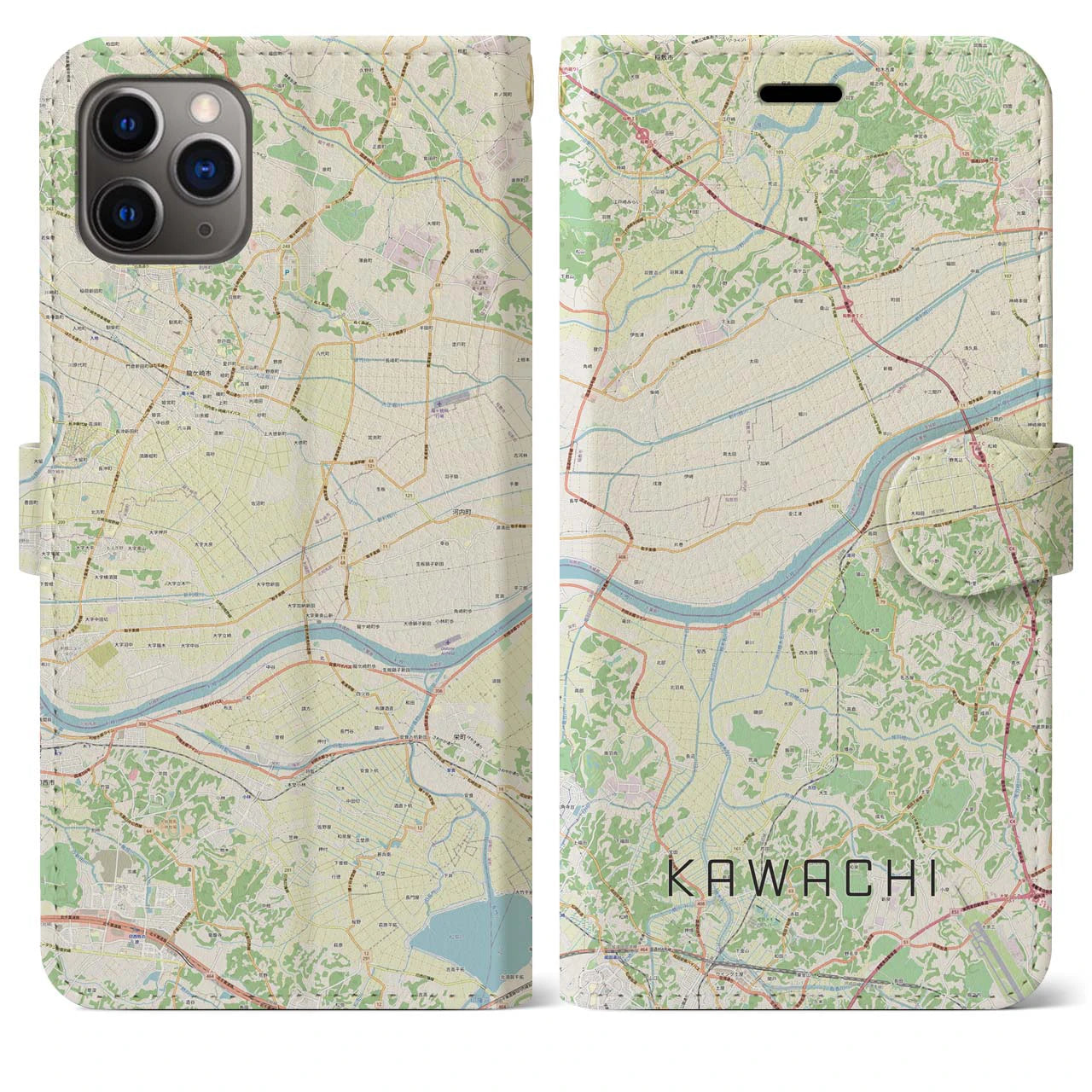 【河内(茨城県)】地図柄iPhoneケース(手帳タイプ)ナチュラル・iPhone 11 Pro Max 用