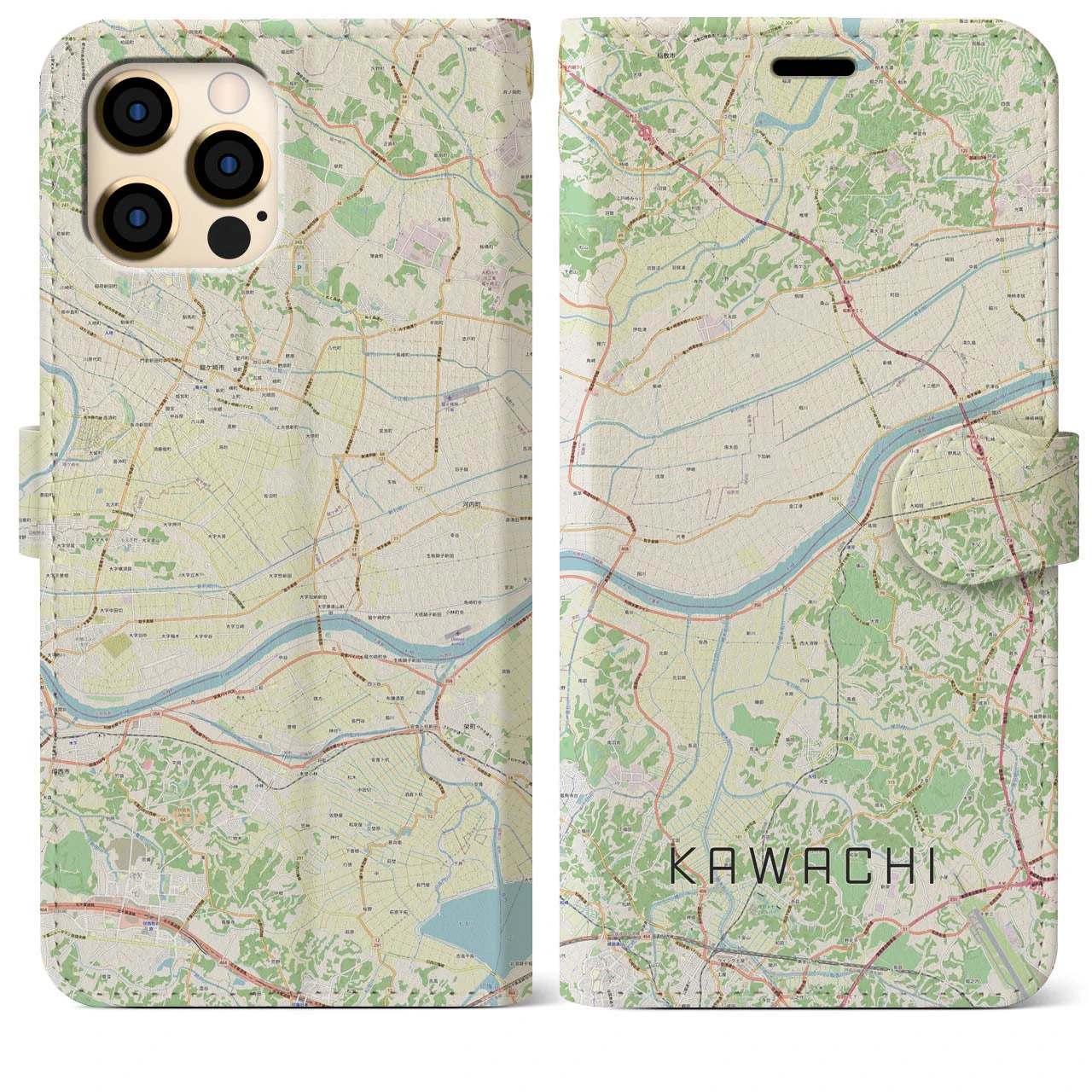 【河内(茨城県)】地図柄iPhoneケース(手帳タイプ)ナチュラル・iPhone 12 Pro Max 用