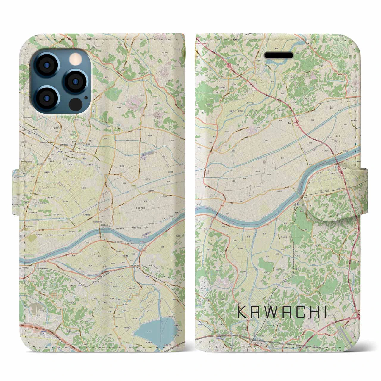 【河内(茨城県)】地図柄iPhoneケース(手帳タイプ)ナチュラル・iPhone 12 / 12 Pro 用