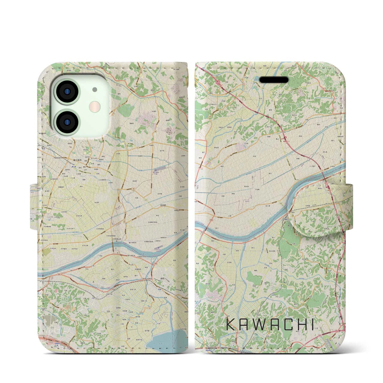 【河内(茨城県)】地図柄iPhoneケース(手帳タイプ)ナチュラル・iPhone 12 mini 用