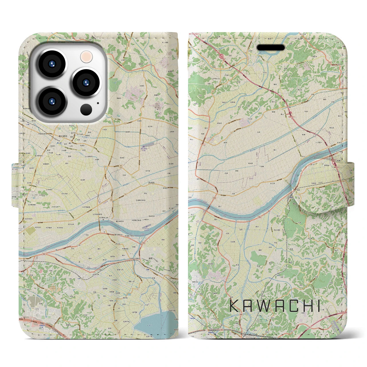 【河内(茨城県)】地図柄iPhoneケース(手帳タイプ)ナチュラル・iPhone 13 Pro 用
