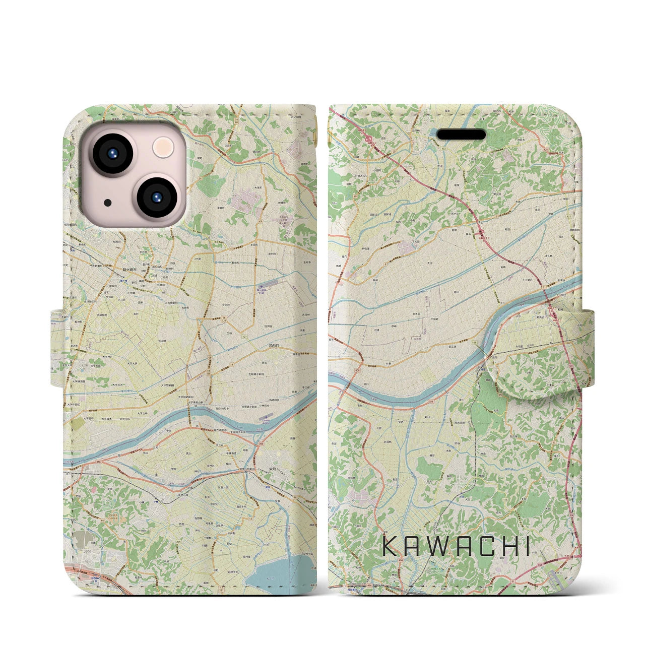 【河内(茨城県)】地図柄iPhoneケース(手帳タイプ)ナチュラル・iPhone 13 mini 用