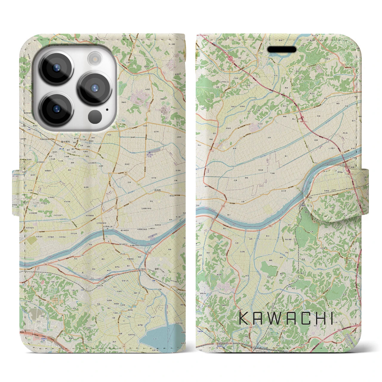 【河内(茨城県)】地図柄iPhoneケース(手帳タイプ)ナチュラル・iPhone 14 Pro 用