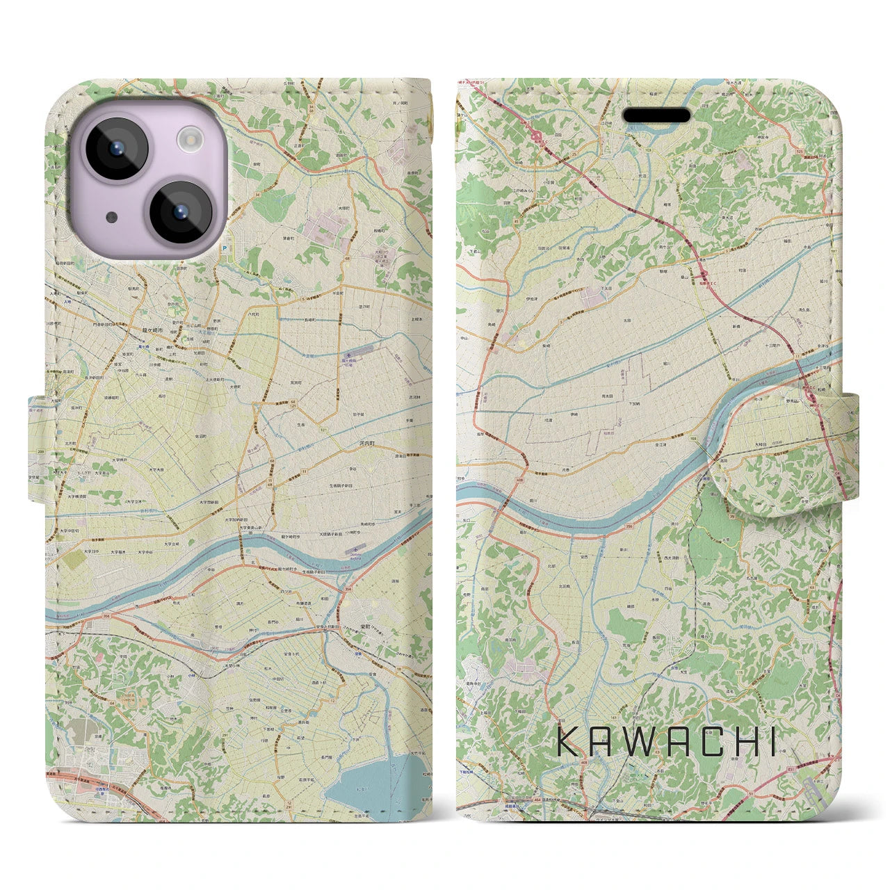 【河内(茨城県)】地図柄iPhoneケース(手帳タイプ)ナチュラル・iPhone 14 用