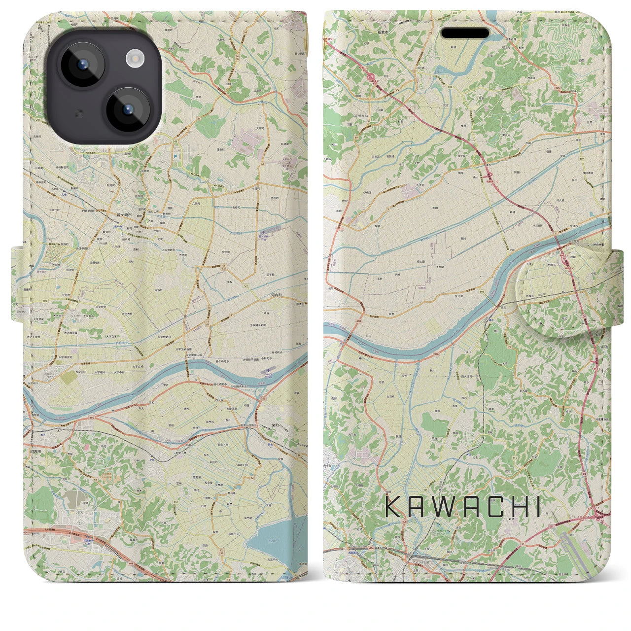 【河内(茨城県)】地図柄iPhoneケース(手帳タイプ)ナチュラル・iPhone 14 Plus 用