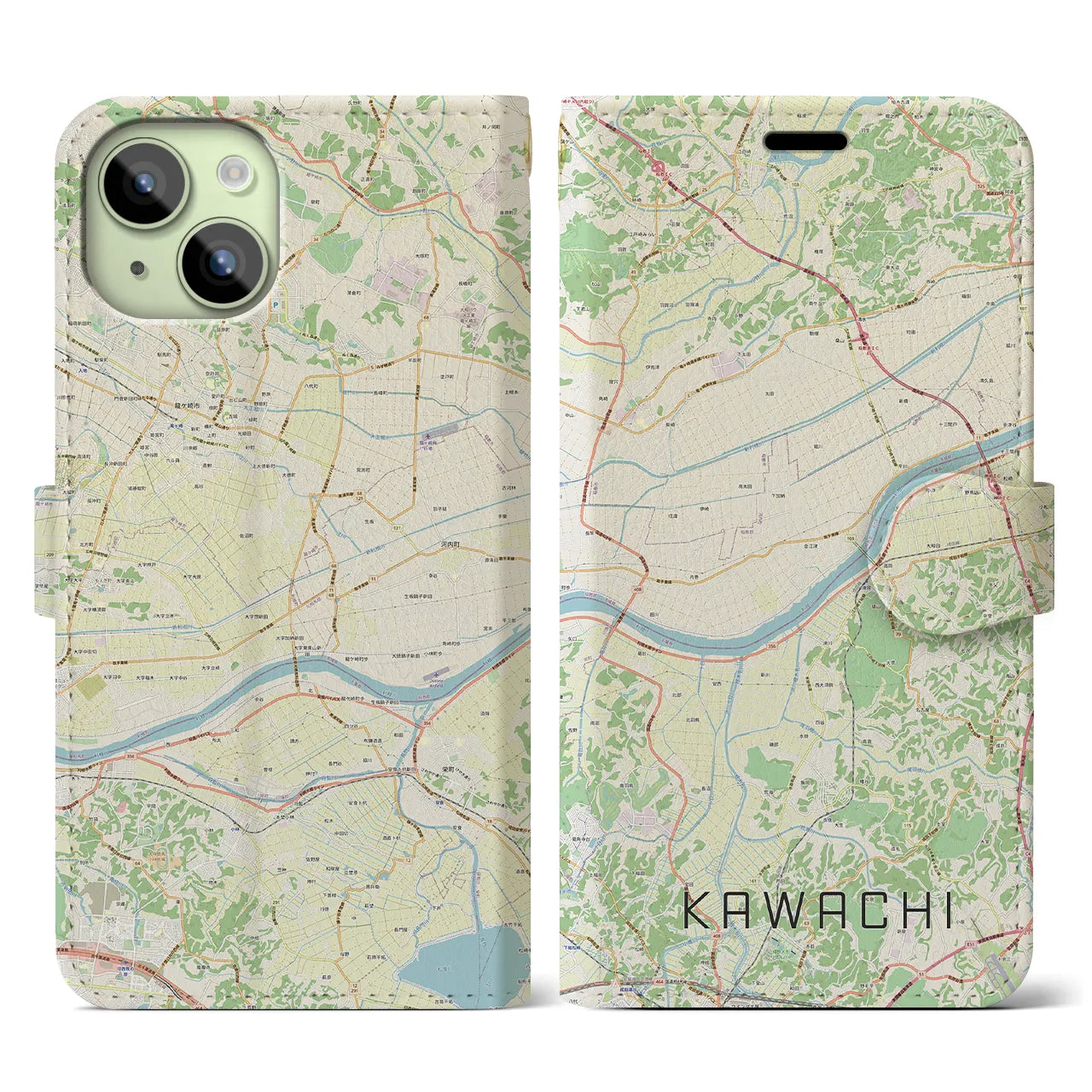 【河内(茨城県)】地図柄iPhoneケース(手帳タイプ)ナチュラル・iPhone 15 用