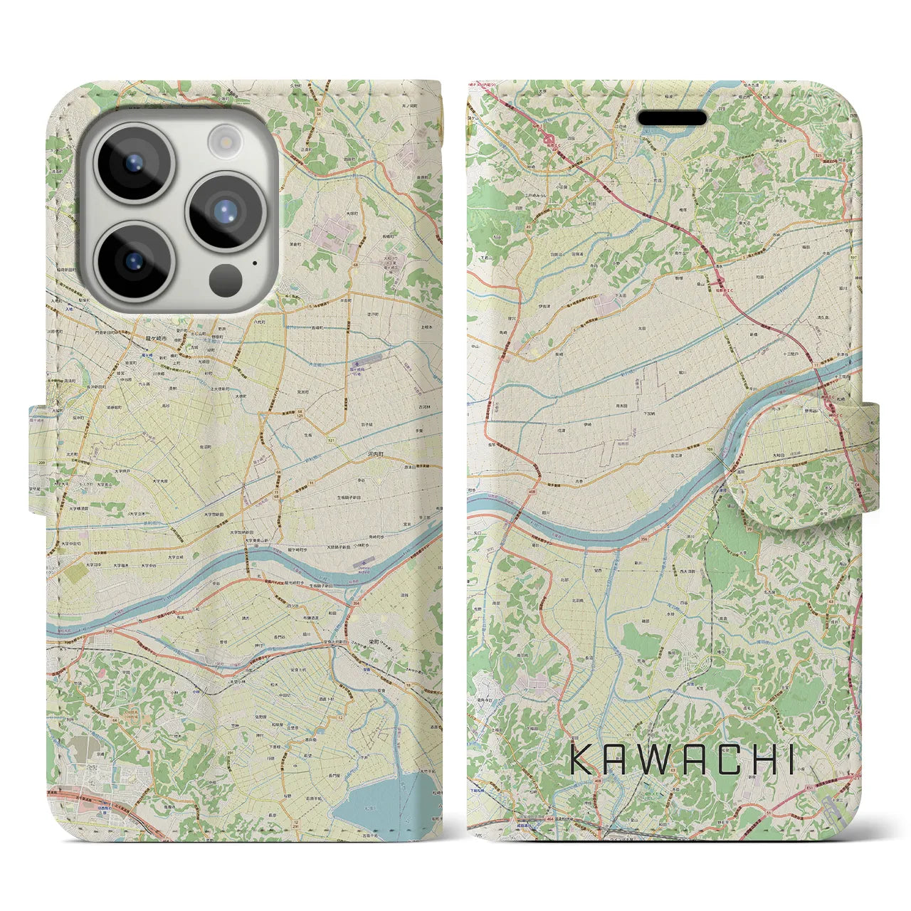 【河内(茨城県)】地図柄iPhoneケース(手帳タイプ)ナチュラル・iPhone 15 Pro 用