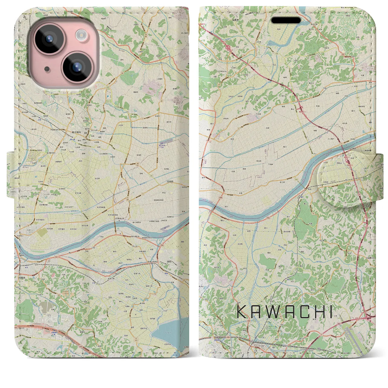 【河内(茨城県)】地図柄iPhoneケース(手帳タイプ)ナチュラル・iPhone 15 Plus 用