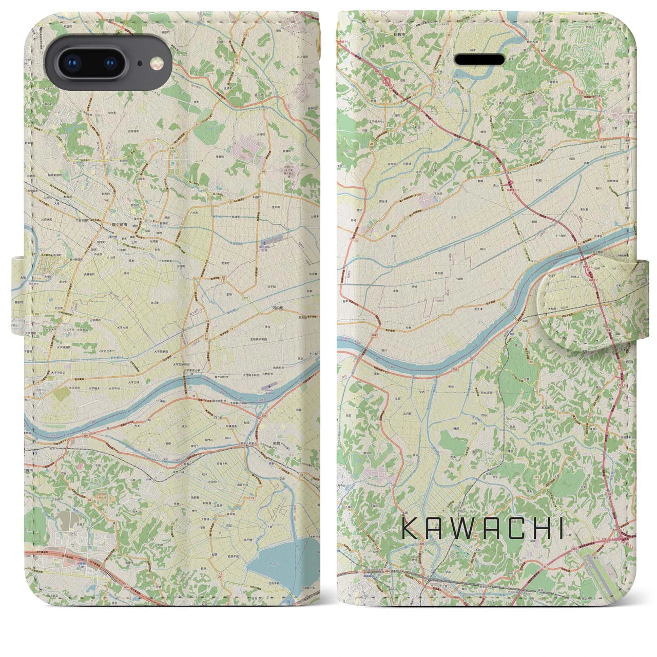 【河内(茨城県)】地図柄iPhoneケース(手帳タイプ)ナチュラル・iPhone 8Plus /7Plus / 6sPlus / 6Plus 用