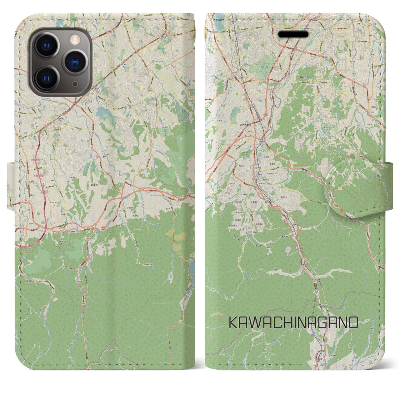 【河内長野(大阪府)】地図柄iPhoneケース(手帳タイプ)ナチュラル・iPhone 11 Pro Max 用