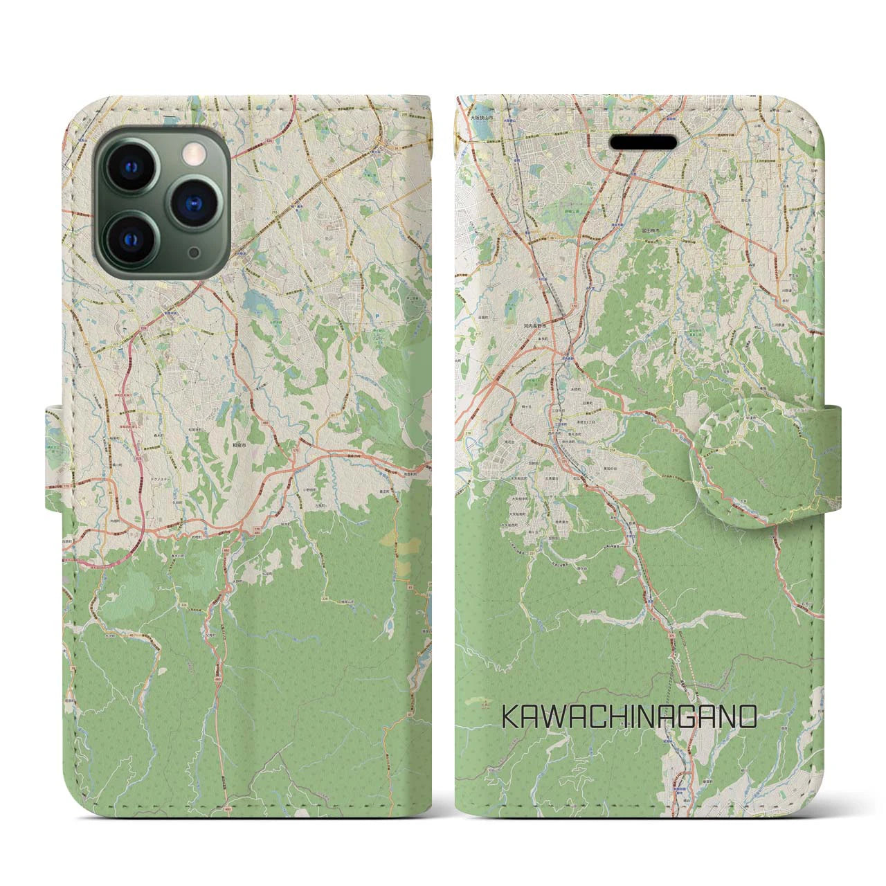 【河内長野(大阪府)】地図柄iPhoneケース(手帳タイプ)ナチュラル・iPhone 11 Pro 用