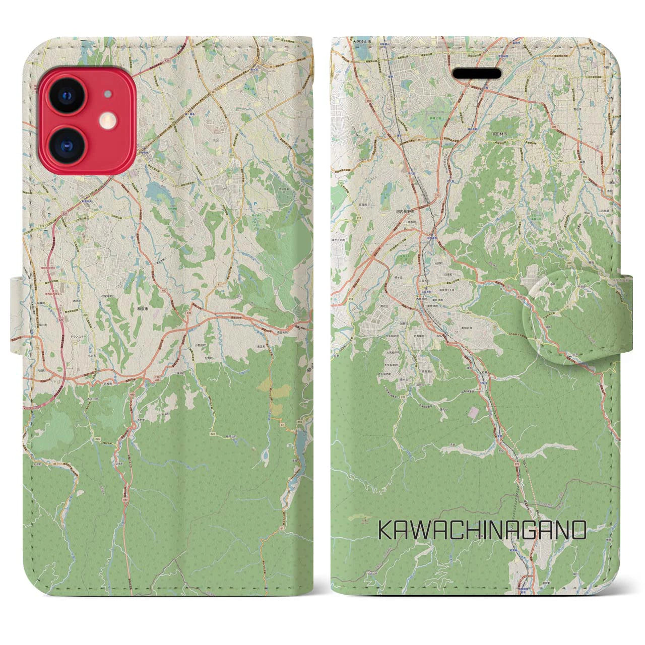 【河内長野(大阪府)】地図柄iPhoneケース(手帳タイプ)ナチュラル・iPhone 11 用