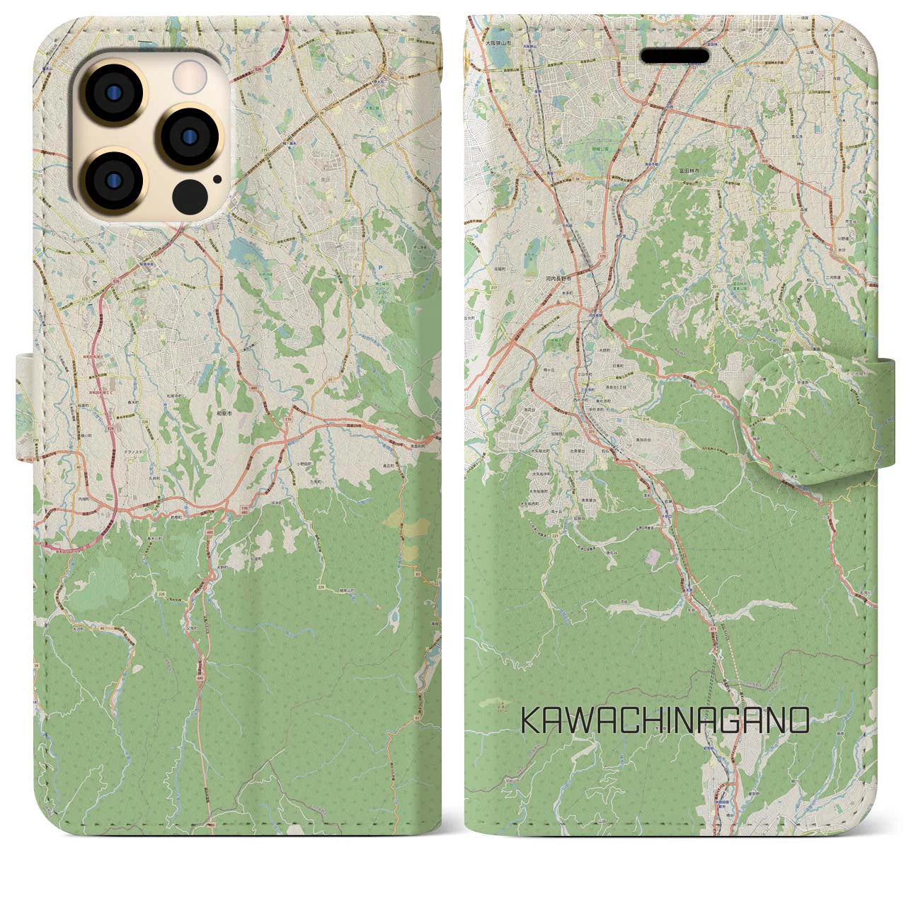 【河内長野(大阪府)】地図柄iPhoneケース(手帳タイプ)ナチュラル・iPhone 12 Pro Max 用