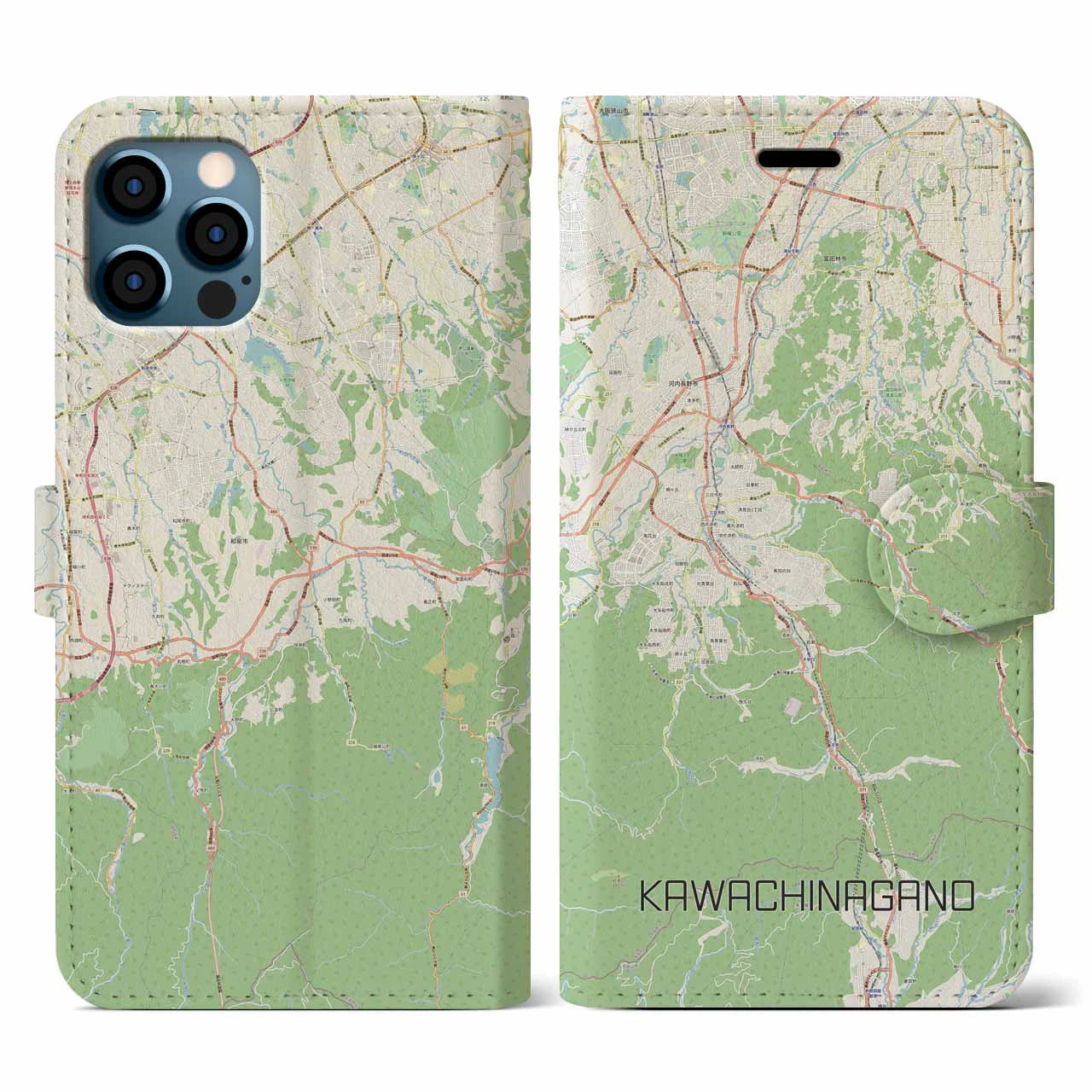 【河内長野(大阪府)】地図柄iPhoneケース(手帳タイプ)ナチュラル・iPhone 12 / 12 Pro 用