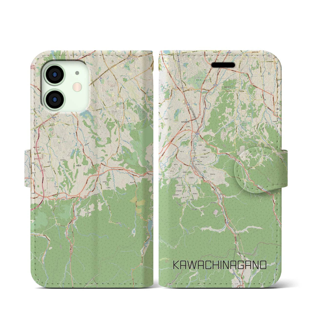 【河内長野(大阪府)】地図柄iPhoneケース(手帳タイプ)ナチュラル・iPhone 12 mini 用