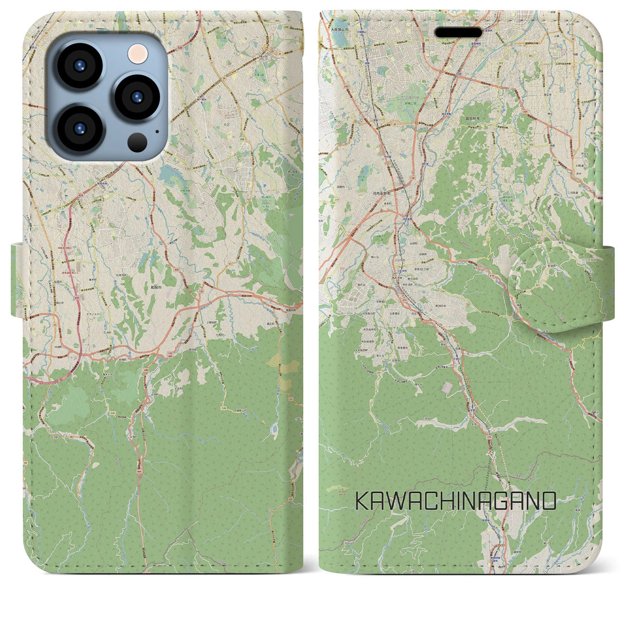 【河内長野(大阪府)】地図柄iPhoneケース(手帳タイプ)ナチュラル・iPhone 13 Pro Max 用