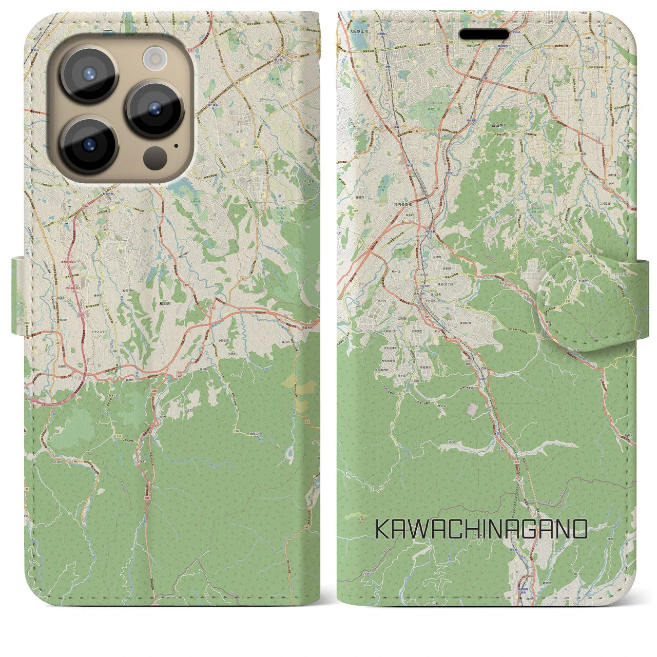【河内長野(大阪府)】地図柄iPhoneケース(手帳タイプ)ナチュラル・iPhone 14 Pro Max 用