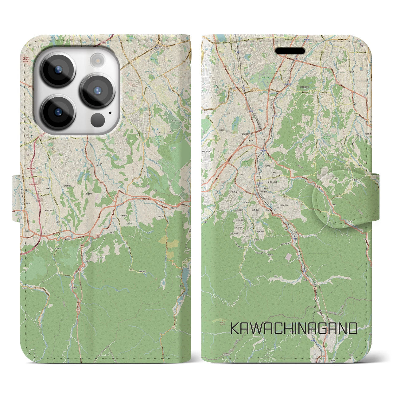 【河内長野(大阪府)】地図柄iPhoneケース(手帳タイプ)ナチュラル・iPhone 14 Pro 用