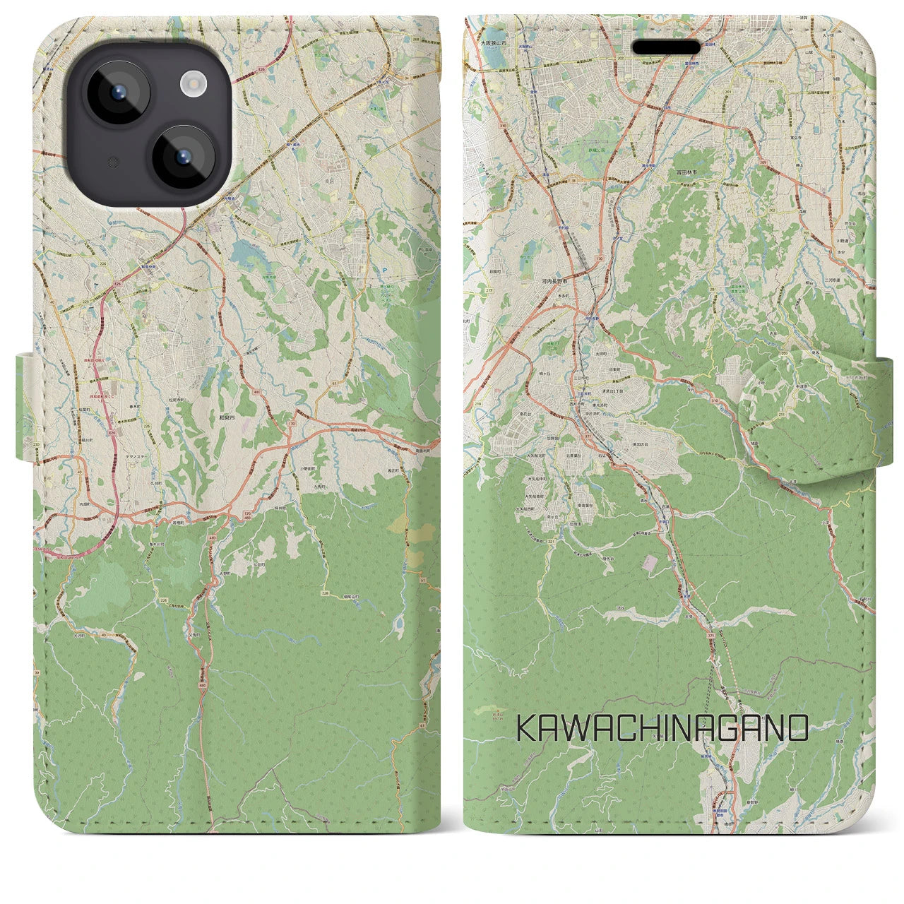 【河内長野(大阪府)】地図柄iPhoneケース(手帳タイプ)ナチュラル・iPhone 14 Plus 用