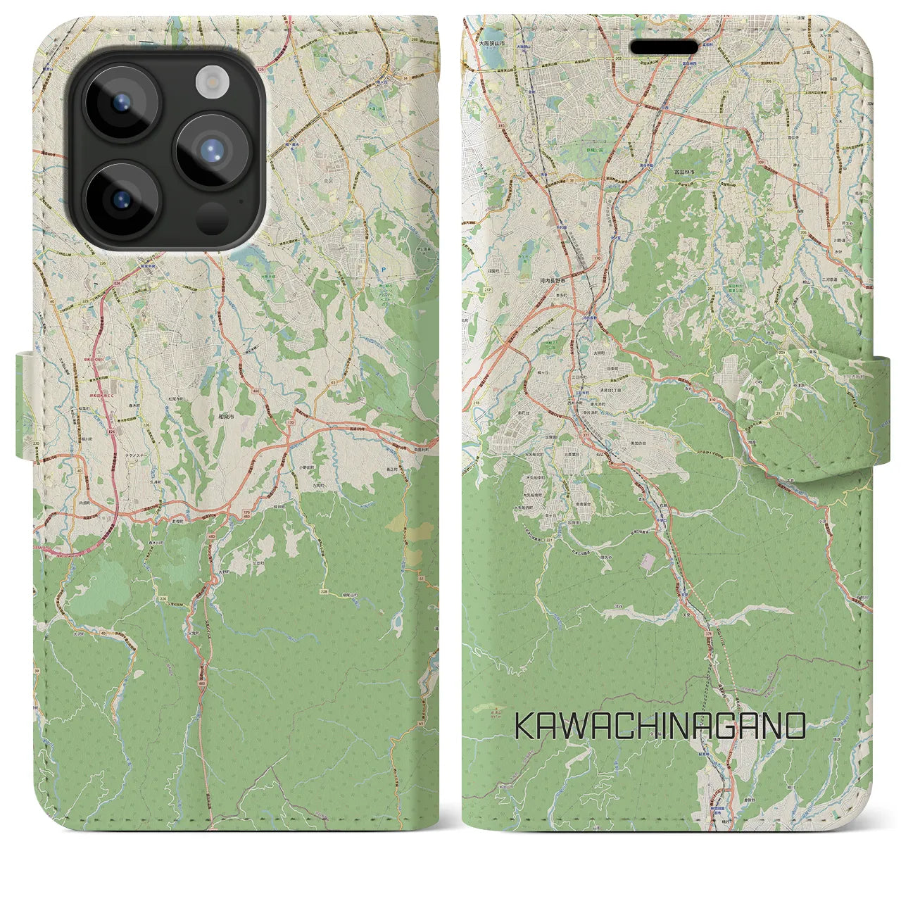 【河内長野(大阪府)】地図柄iPhoneケース(手帳タイプ)ナチュラル・iPhone 15 Pro Max 用