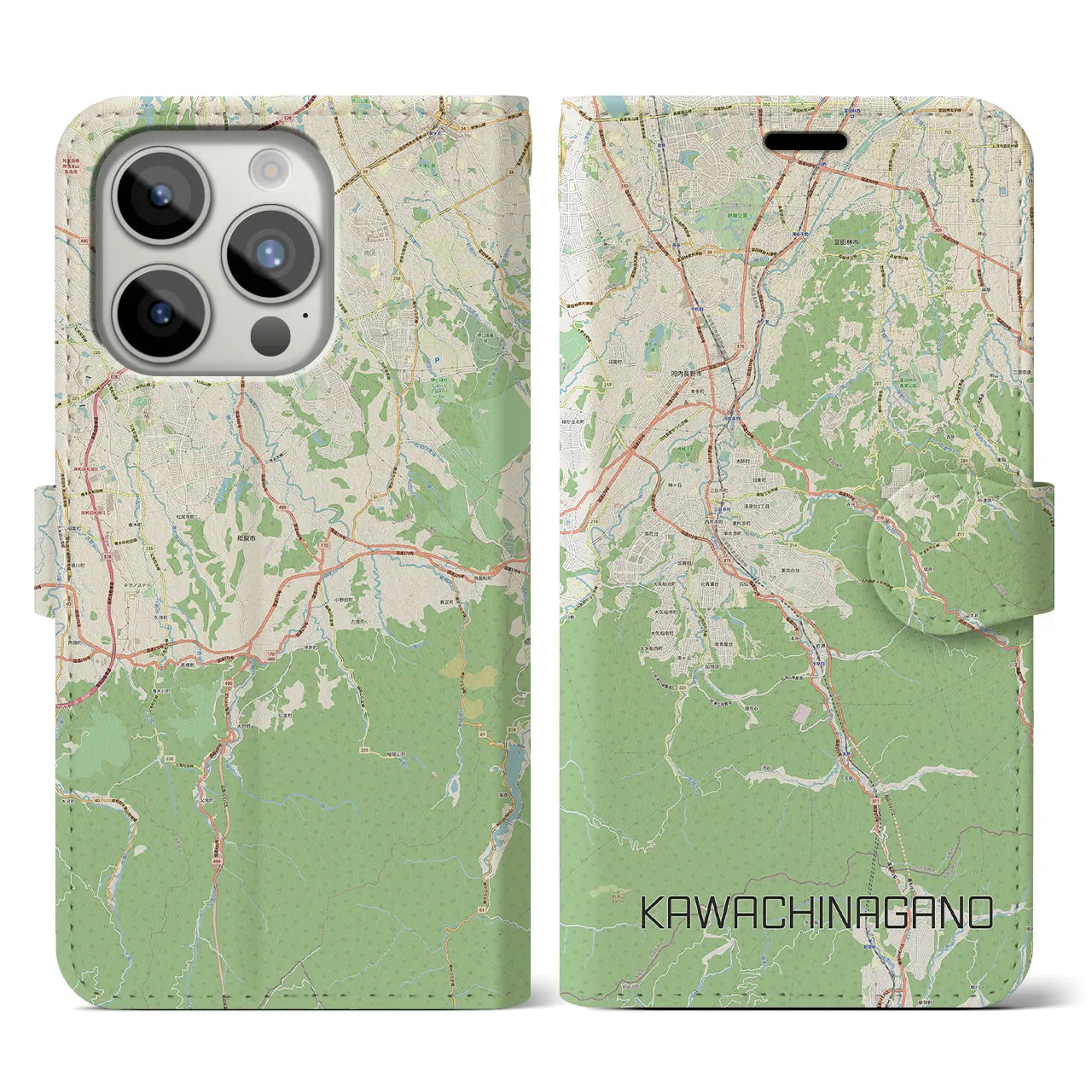 【河内長野(大阪府)】地図柄iPhoneケース(手帳タイプ)ナチュラル・iPhone 15 Pro 用