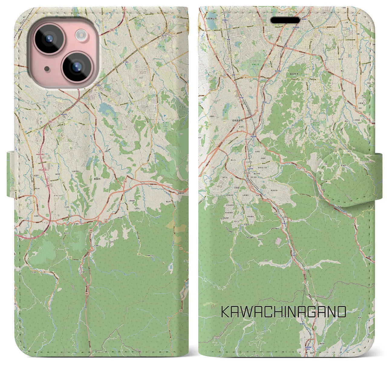 【河内長野(大阪府)】地図柄iPhoneケース(手帳タイプ)ナチュラル・iPhone 15 Plus 用