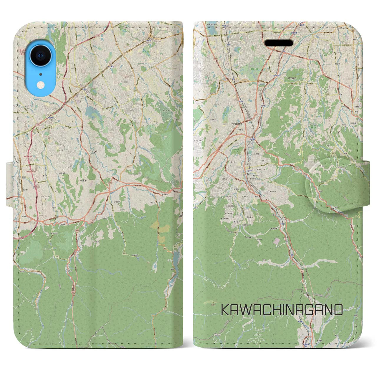 【河内長野(大阪府)】地図柄iPhoneケース(手帳タイプ)ナチュラル・iPhone XR 用