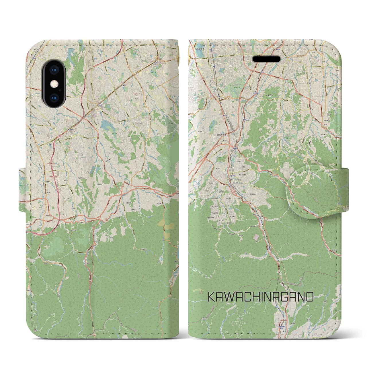【河内長野(大阪府)】地図柄iPhoneケース(手帳タイプ)ナチュラル・iPhone XS / X 用
