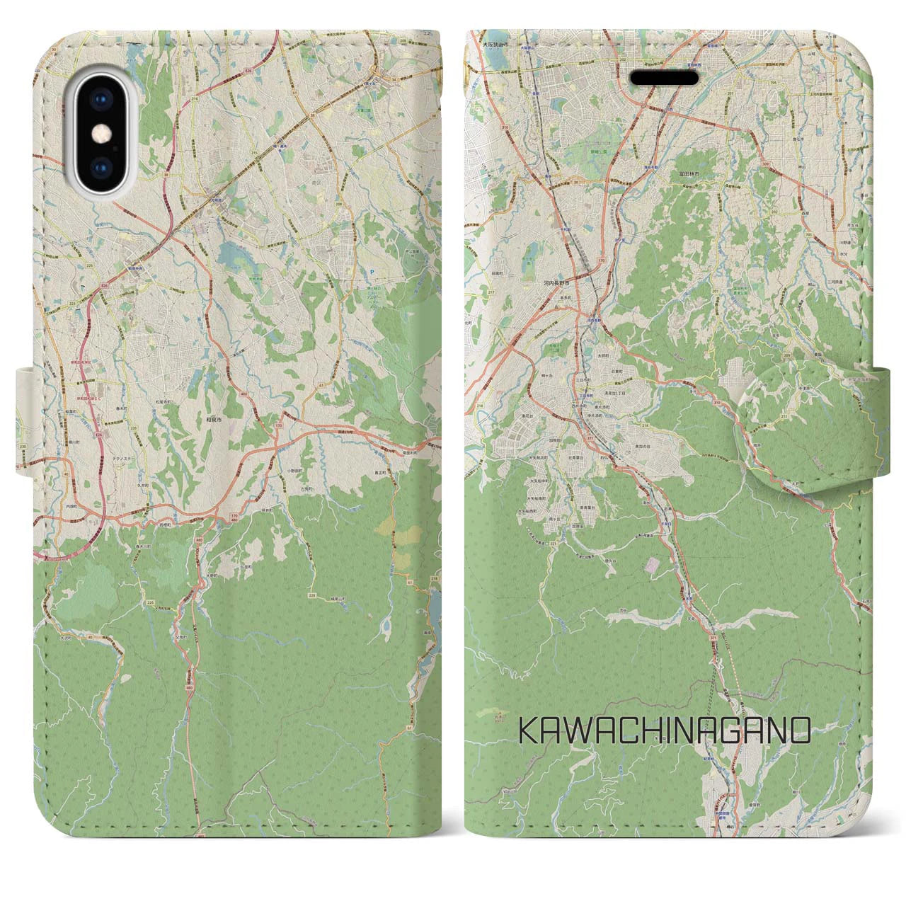 【河内長野(大阪府)】地図柄iPhoneケース(手帳タイプ)ナチュラル・iPhone XS Max 用