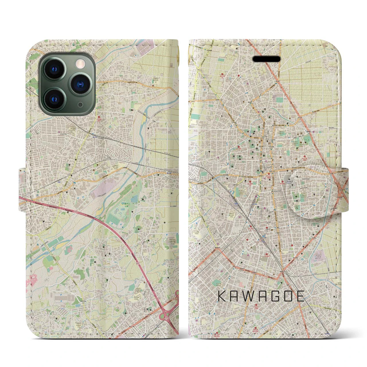 【川越(埼玉県)】地図柄iPhoneケース(手帳タイプ)ナチュラル・iPhone 11 Pro 用