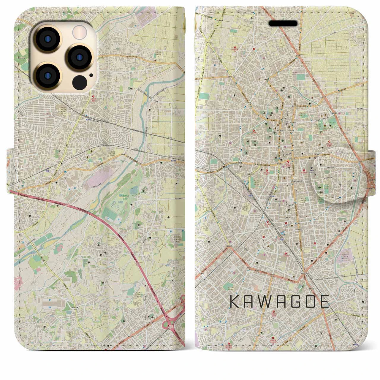 【川越(埼玉県)】地図柄iPhoneケース(手帳タイプ)ナチュラル・iPhone 12 Pro Max 用