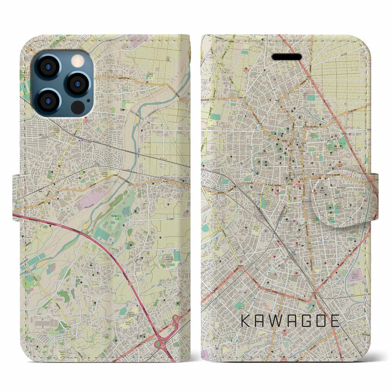 【川越(埼玉県)】地図柄iPhoneケース(手帳タイプ)ナチュラル・iPhone 12 / 12 Pro 用