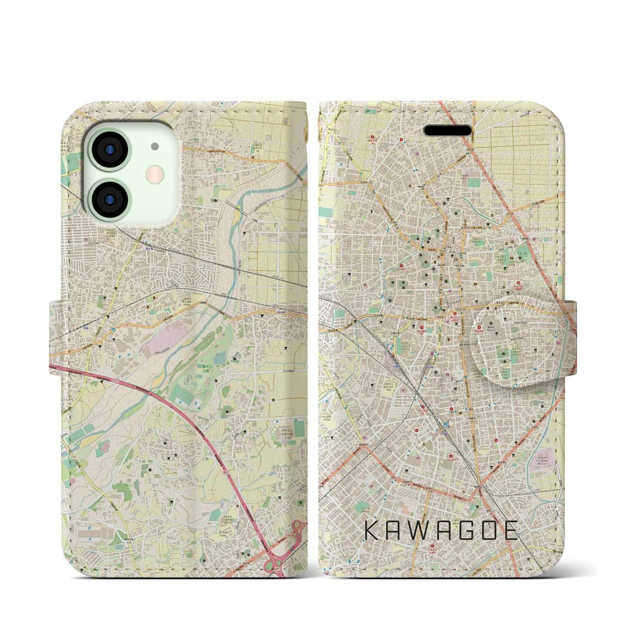 【川越(埼玉県)】地図柄iPhoneケース(手帳タイプ)ナチュラル・iPhone 12 mini 用