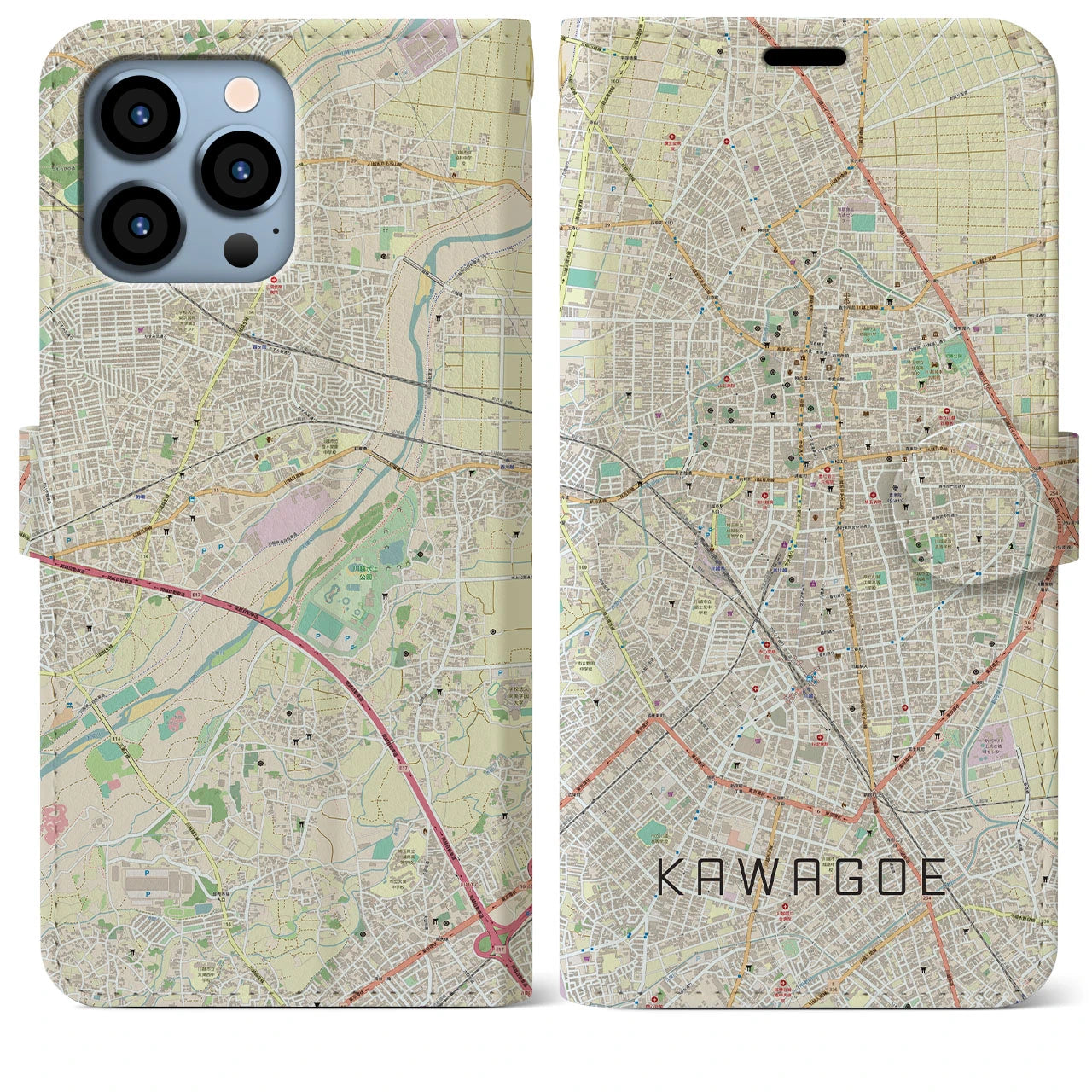 【川越(埼玉県)】地図柄iPhoneケース(手帳タイプ)ナチュラル・iPhone 13 Pro Max 用
