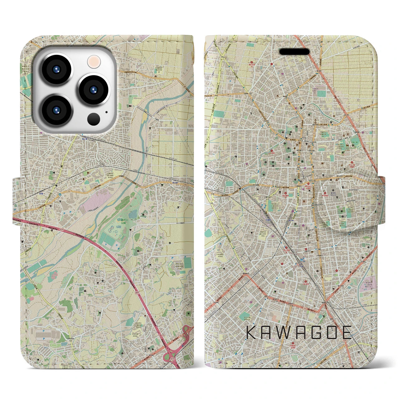 【川越(埼玉県)】地図柄iPhoneケース(手帳タイプ)ナチュラル・iPhone 13 Pro 用