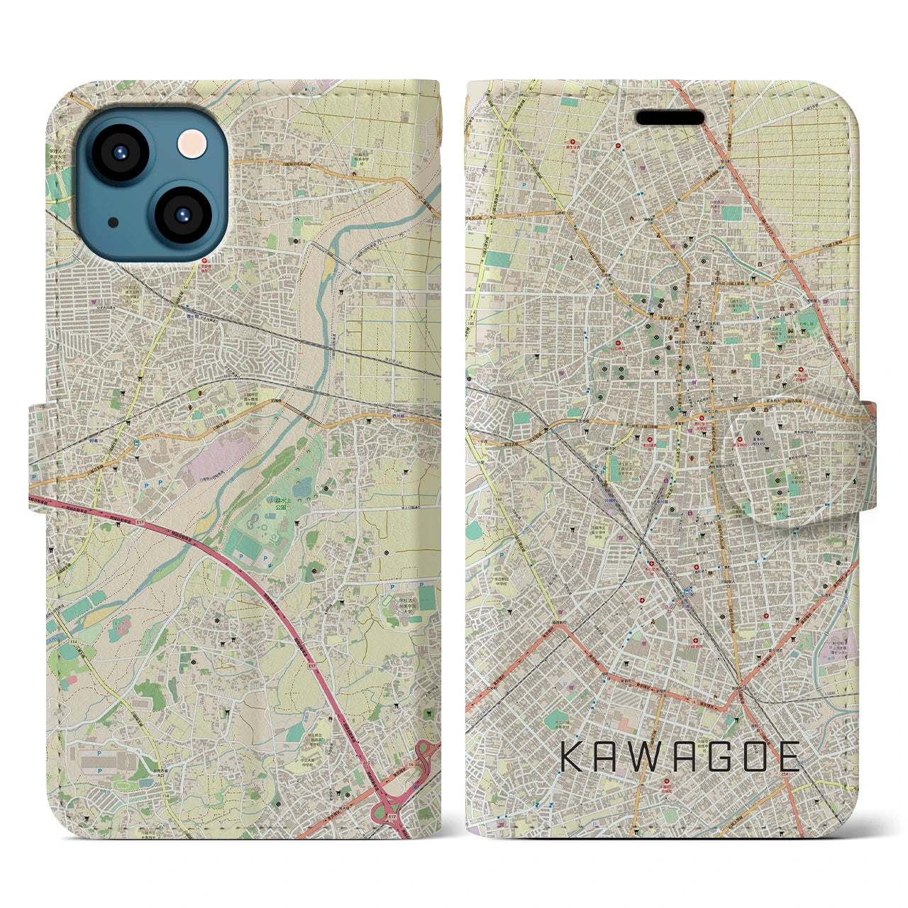 【川越(埼玉県)】地図柄iPhoneケース(手帳タイプ)ナチュラル・iPhone 13 用