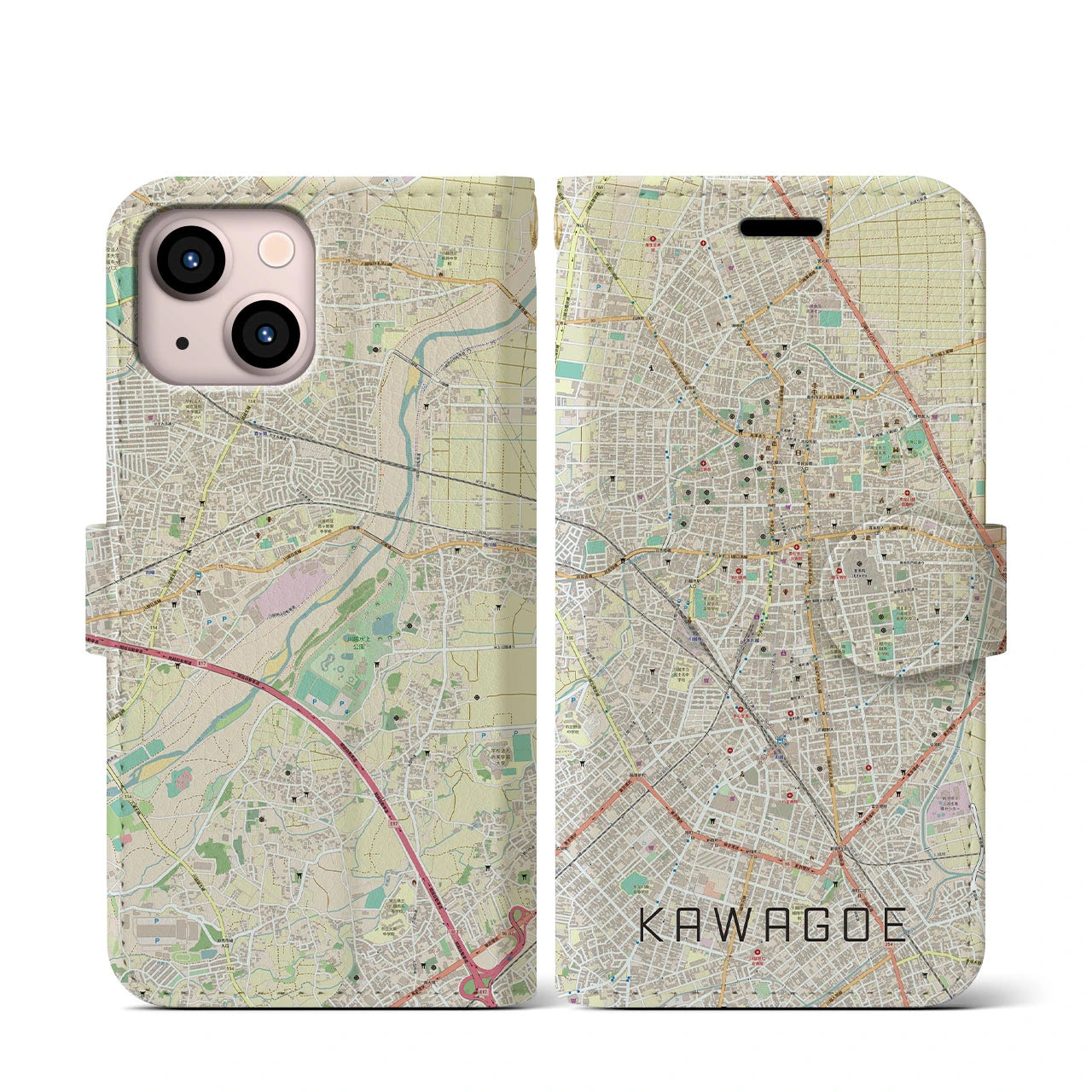 【川越(埼玉県)】地図柄iPhoneケース(手帳タイプ)ナチュラル・iPhone 13 mini 用
