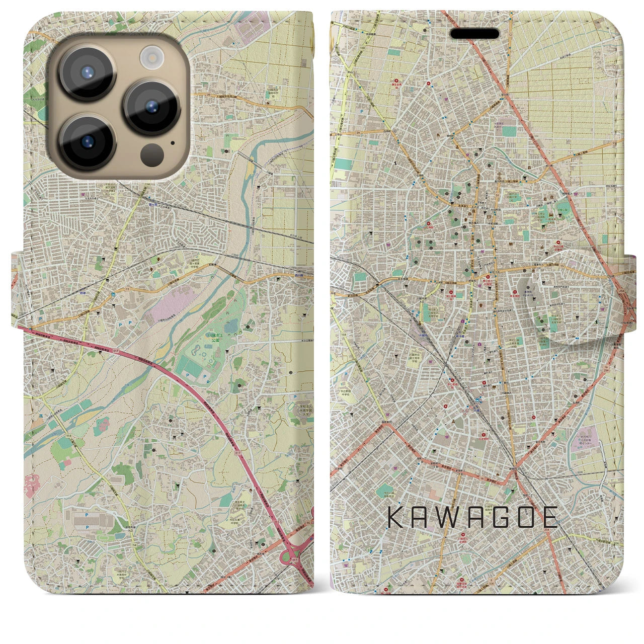 【川越(埼玉県)】地図柄iPhoneケース(手帳タイプ)ナチュラル・iPhone 14 Pro Max 用