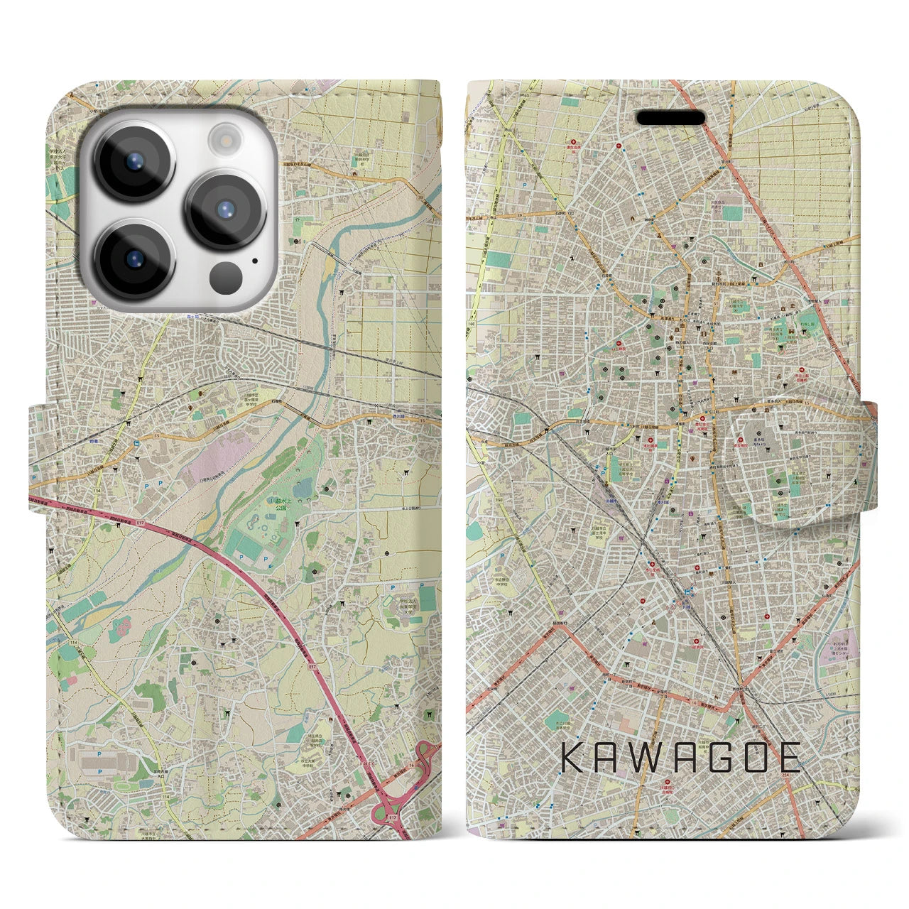 【川越(埼玉県)】地図柄iPhoneケース(手帳タイプ)ナチュラル・iPhone 14 Pro 用