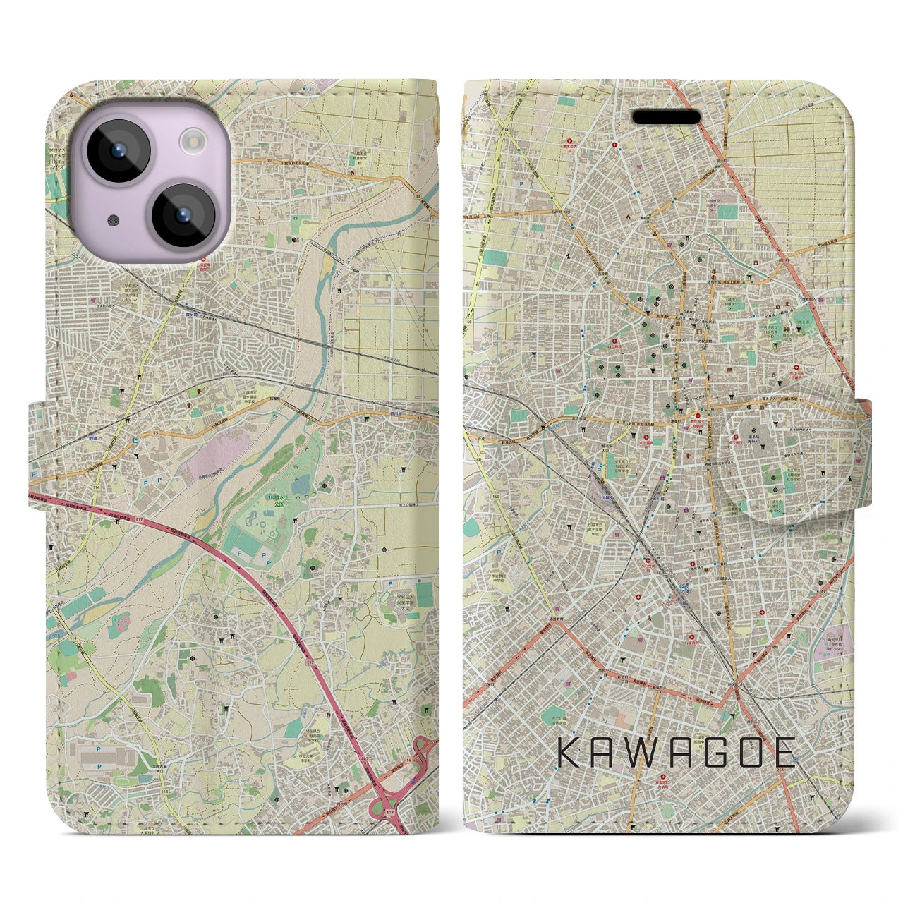 【川越(埼玉県)】地図柄iPhoneケース(手帳タイプ)ナチュラル・iPhone 14 用
